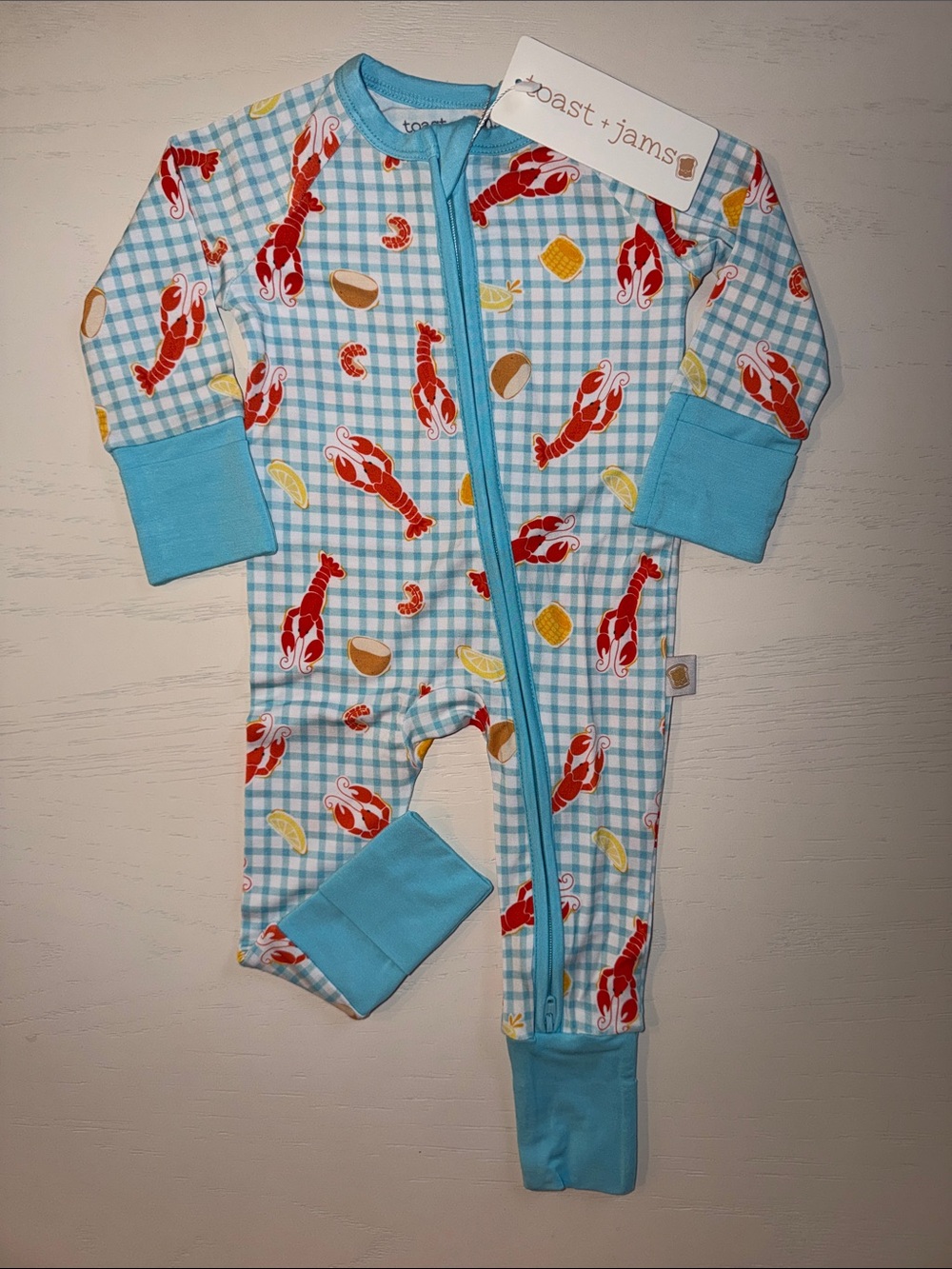 Toast + Jams Checkered Gingham Crawfish Lobster Lemon Romper 0-3 3-6 12-18 18-24